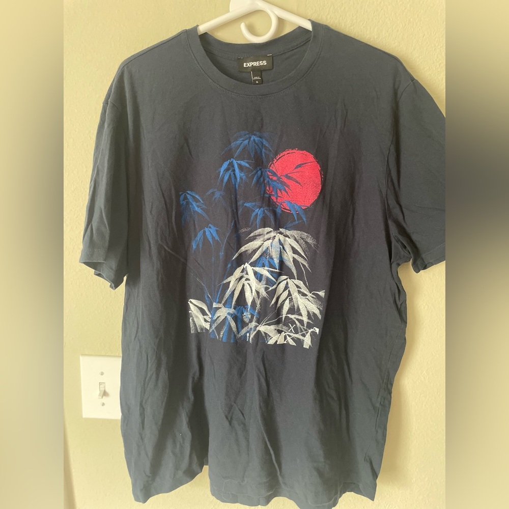 Express Men's Dark Blue Tee with Red and White Graphic